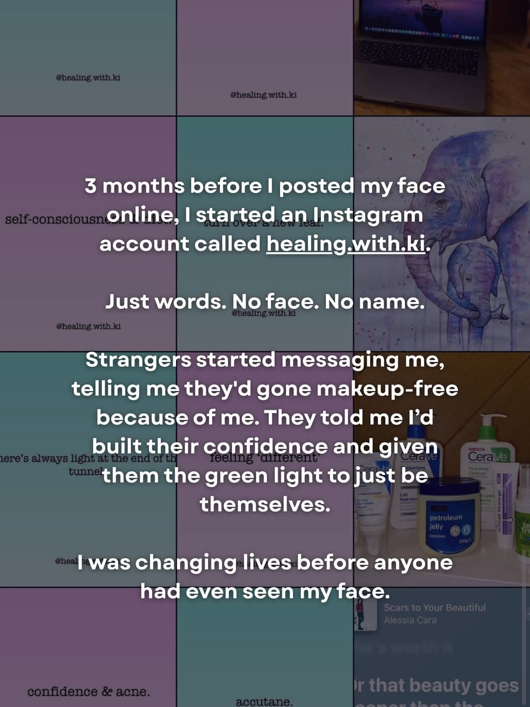 A mosaic of healing.with.ki Instagram posts: words on coloured backgrounds, no face.